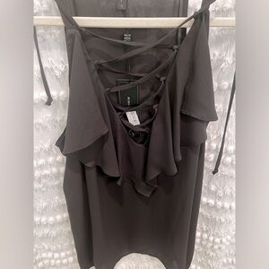 NWT. BCBG Sz Small black top with lace up front. Waterfall V neckline.